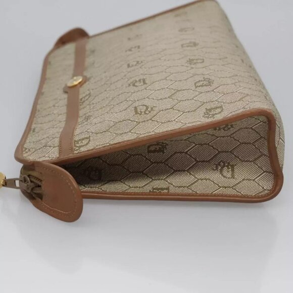 Christian Dior Honeycomb Canvas Clutch Bag PVC Leather Beige Gold Auth - Picture 11 of 16